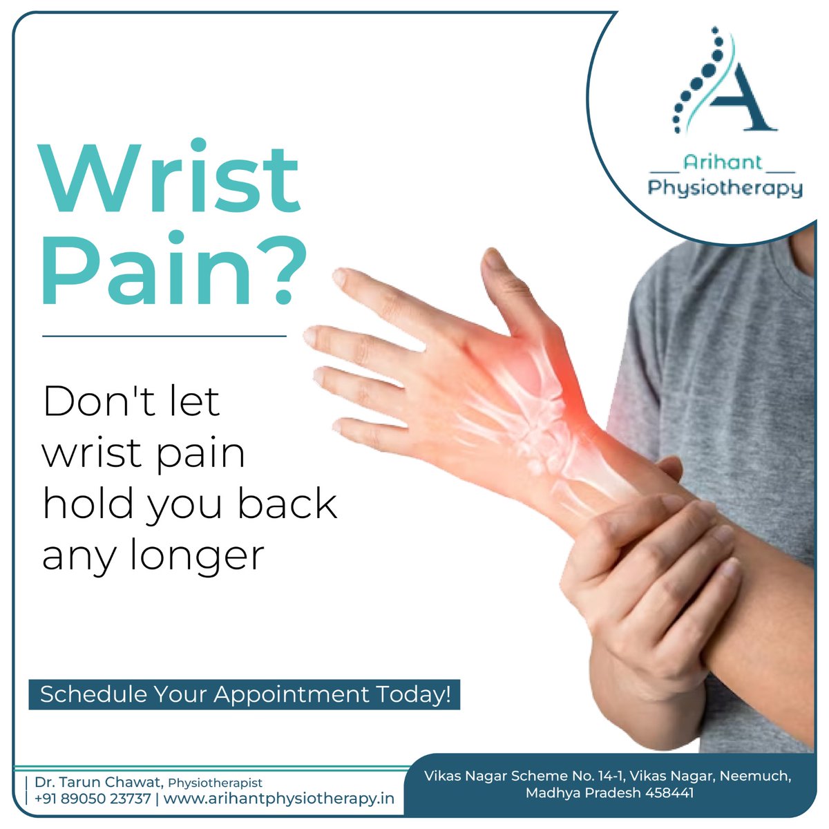 Wrist Pain?
Don't let wrist pain hold you back any longer – schedule your appointment today!

#Arihantphysiotherapy #WristPainRelief #WristHealth #HandAndWristCare #WristMobility #WristExercises #PainFreeWrist #WristFlexibility #JointHealth #PhysicalTherapy #PainManagement