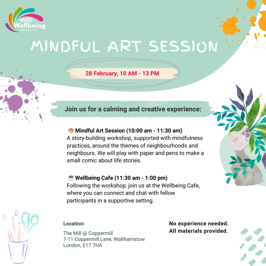 Join our Wellbeing Service's Mindful Art Session &amp; Wellbeing Cafe event for a day of relaxation, expression, and connection! 🎨✨ Get your free tickets and more details here: eventbrite.com/e/mindful-art-…