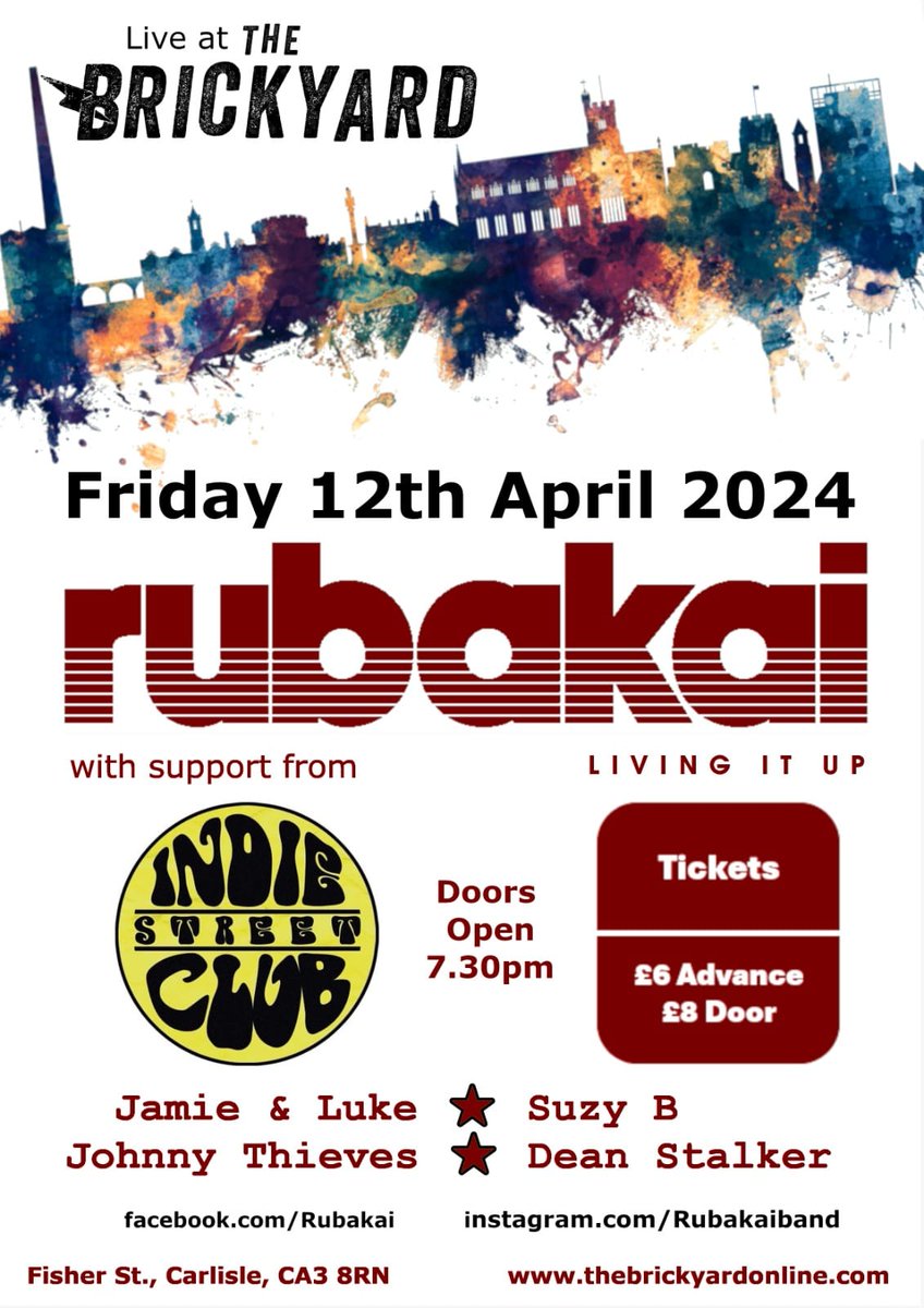 After a six-year hiatus, with some members emigrating and some pursuing other musical projects, local indie legends, @Rubakai, are back! At least for one very special night at @The_Brickyard on Friday 12 April anyway - tinyurl.com/3m3mnjtz Support comes from @indiestreetclub