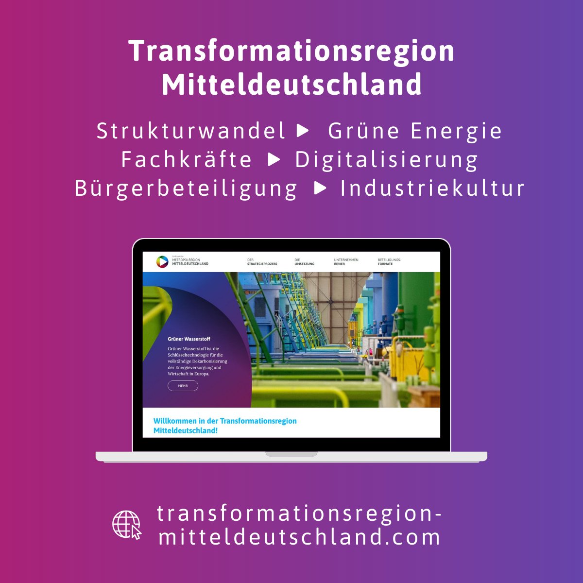 Unter dem Label „Transformationsregion Mitteldeutschland“ haben wir ein neues Informationsportal gestartet. Die Website informiert über aktuelle Transformationsprojekte zu den Themen Strukturwandel, Wasserstoff, Solarwirtschaft, Bioökonomie und Fachkräfte. mitteldeutschland.com/de/transformat…