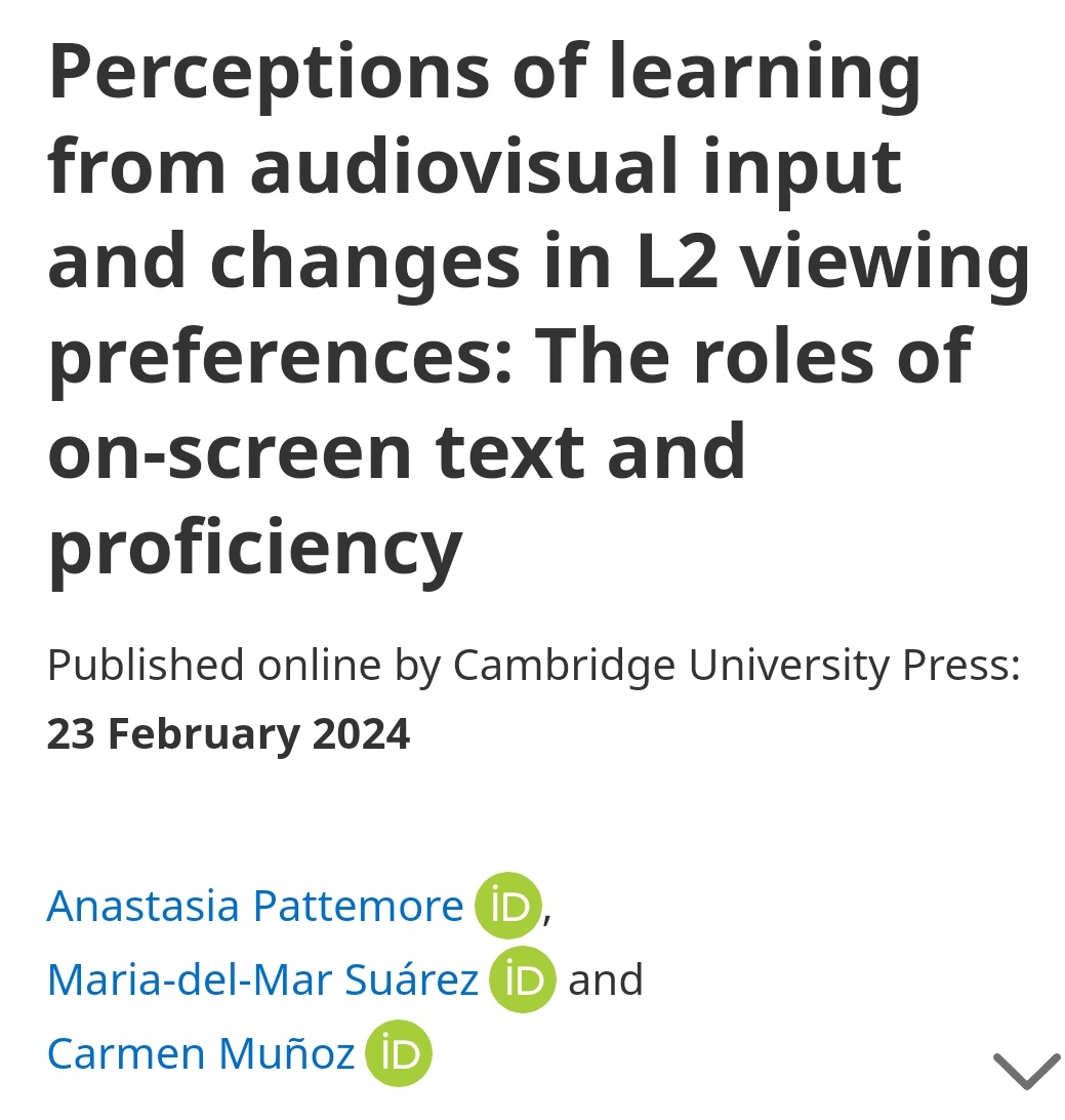 Check out our latest paper "Perceptions of learning from audiovisual input and changes in L2 viewing preferences: The roles of on-screen text and proficiency". It's open access, so no excuses! doi.org/10.1017/S09583…