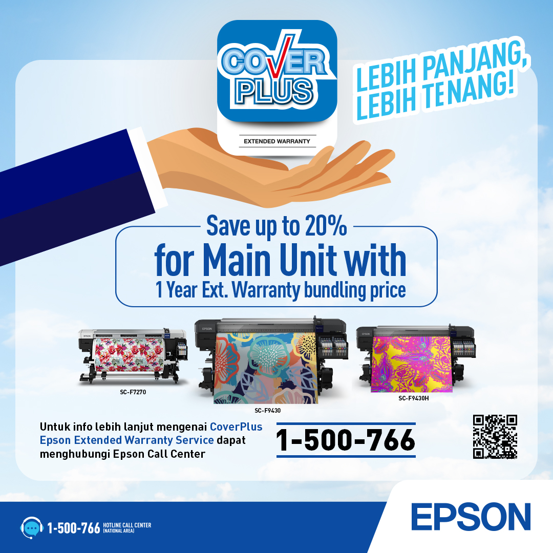 EpsonIndonesia's tweet image. Upgrade printer tekstil Anda dan dapatkan perlindungan ekstra!

Hemat sampai 20% setiap pembelian main unit SureColor SC-F9430 Series dan F7270 Series dengan extended warranty 1 tahun. Jangan lewatkan promo istimewa ini hingga Juni 2024. Hubungi 1-500-766.

#TextilePrinter