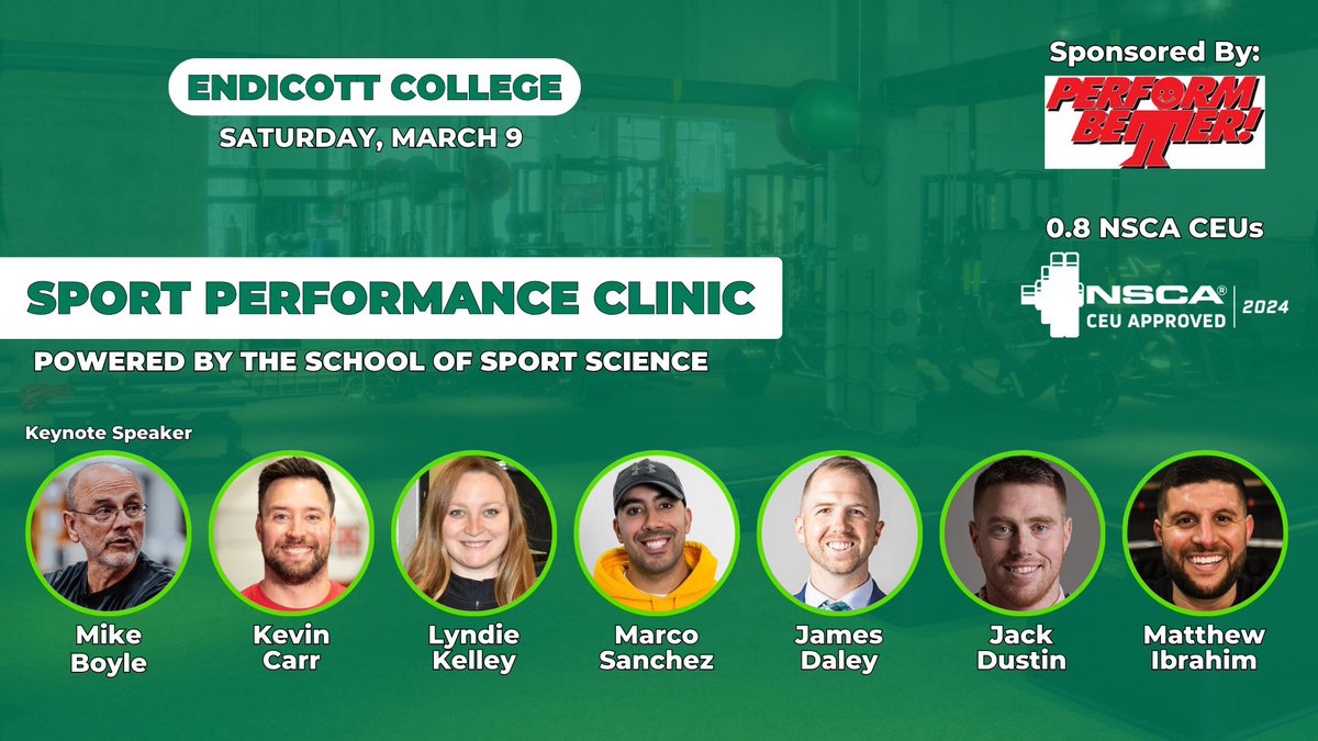 We have *5 remaining tickets* for our Sport Performance Clinic on March 9th!

Ticket sales end March 7th (no ‘day of’ registration).

Come attend our learn-by-doing clinic, earn 0.8 NSCA CEUs and have some fun!

Speakers: <a href="/mboyle1959/">Michael Boyle</a> <a href="/CoachKevinCarr/">Kevin Carr</a> <a href="/notMarkSanchez9/">Marco Sanchez</a> Lyndie Kelley