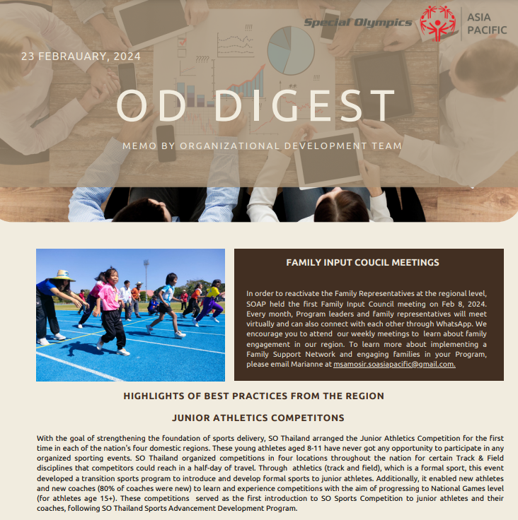 ข่าวสารจาก OD Digest วันที่ 23 กุมภาพันธ์ 2567 นั้น ทาง Special Olympics Asia Pacific ได้เลือก 'การแข่งขันกรีฑายุวชน (Junior Athletics)' เป็น Best Practice (การแข่งกรีฑาสำหรับนักกีฬาวัย 8-11 ปีโดยเฉพาะ ) ใน 4 ภาคของประเทศไทยเมื่อปลายปีที่แล้ว 🙏💗 #InclusionRevolution