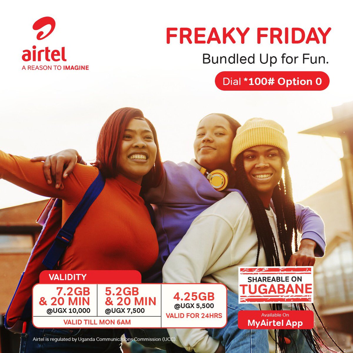 You got a reason to imagine with <a href="/Airtel_Ug/">Airtel Uganda</a> 

Dial *100*0# for a freaky Friday bundle then use the #MyAirtelApp  airtelafrica.onelink.me/cGyr/qgj4qeu2

Freaky Friday chill vibes 
Epic bundles 

Don’t forget it’s shareable on Tugabane
Enjoy 🥰🔥