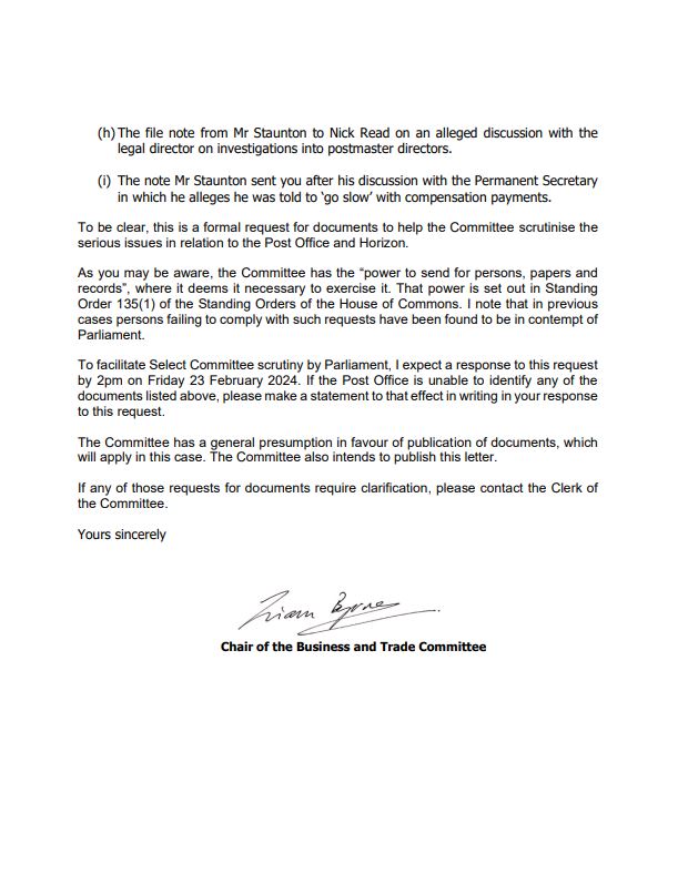 We have requested papers from the @PostOffice documents relevant to the their working culture in light of the Post Office Horizon scandal. See more here👇 committees.parliament.uk/publications/4…