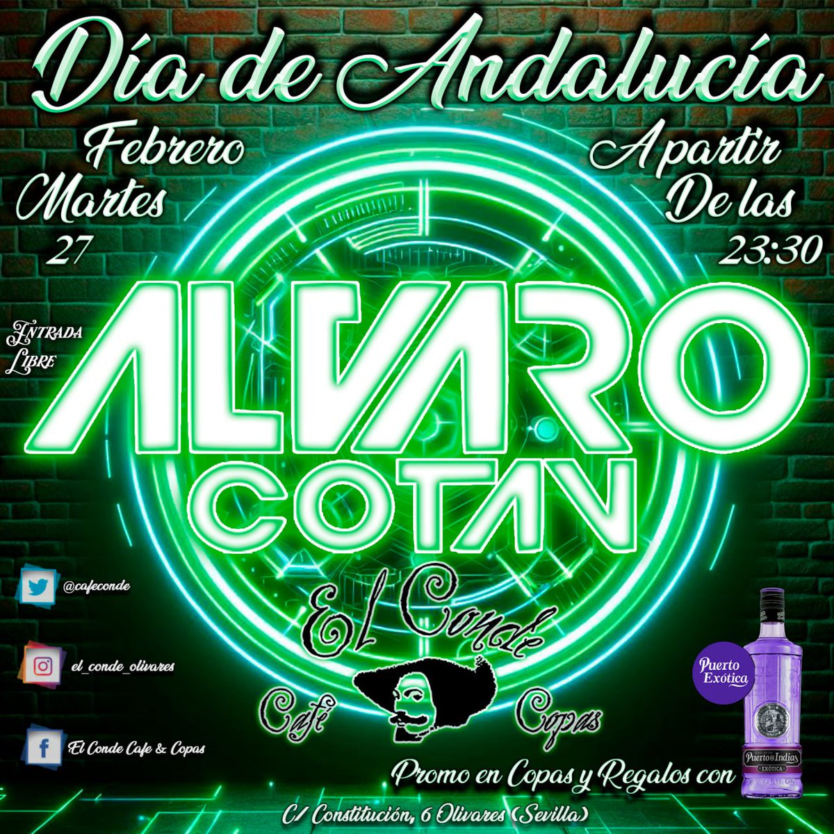 CafeConde's tweet photo. 💚DÍA DE🤍 ANDALUCÍA💚

Andaluces levantaos, pedid música y a saltar... La mejor música de la mano de @alvarobercot4 para empezar a celebrar como es debido este día.
Y aunque no tendremos tostada con aceite y azucar, si ginebra hecha en Sevilla, promo de copas de Puerto Exótica https://t.co/Apc1wUfis4