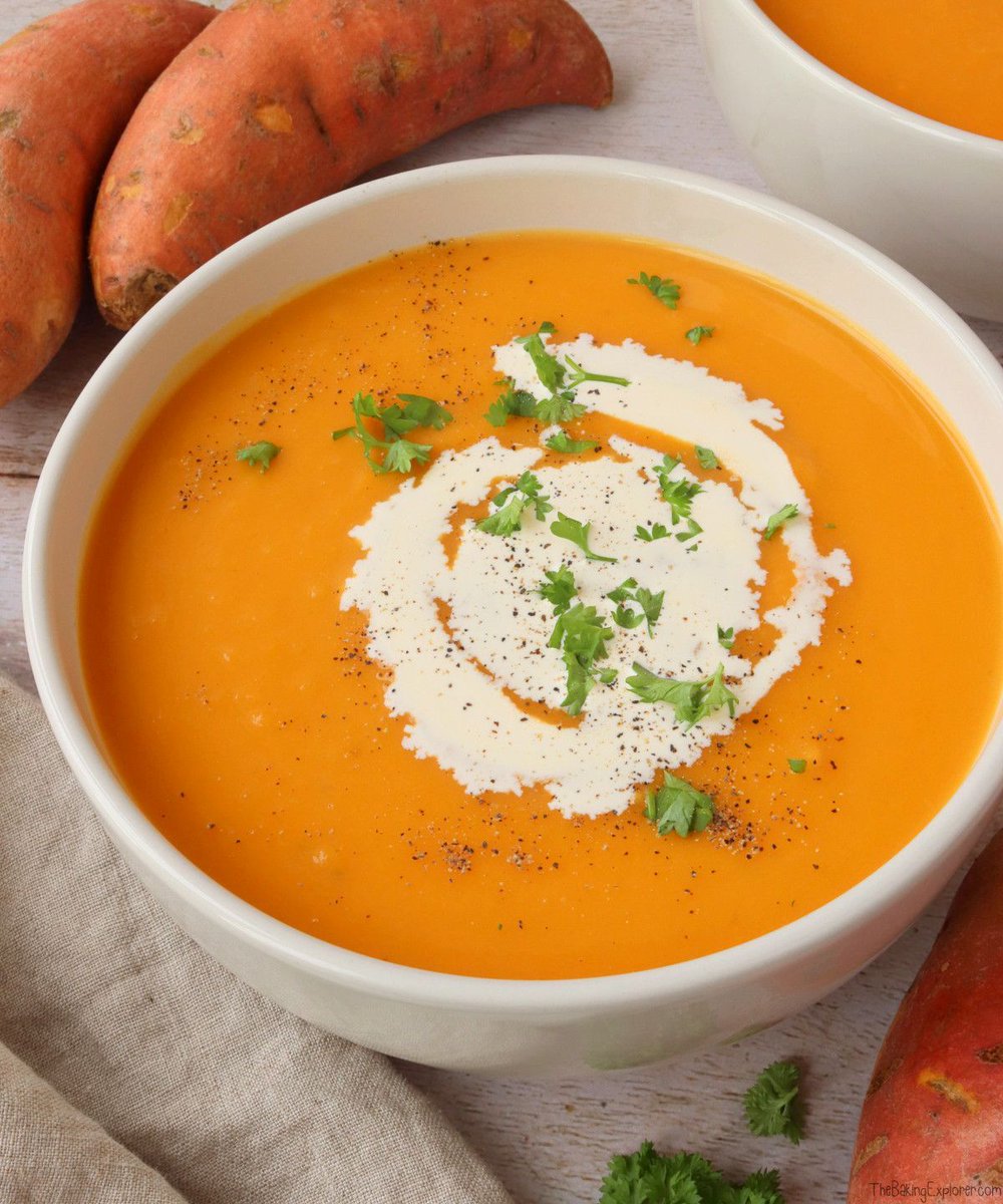 New! Sweet Potato Soup - easy to make, cosy and delicious! You only need six ingredients to make this tasty soup and it's full of goodness. Get the recipe: thebakingexplorer.com/sweet-potato-s…