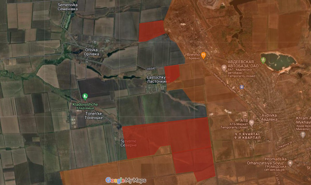 Zlatti_71's tweet image. 📌#Avdeevka
✅#Map

⚠️ The Russian Armed Forces conducted offensive operations around Severnoye, Lastochkyne, and Orlivka. 

🔻 Around Orlivka - Lastochkyne, Russian Forces advanced towards Orlivka, through the fields adjacent to the village. Near Lastochkyne, Russian Forces