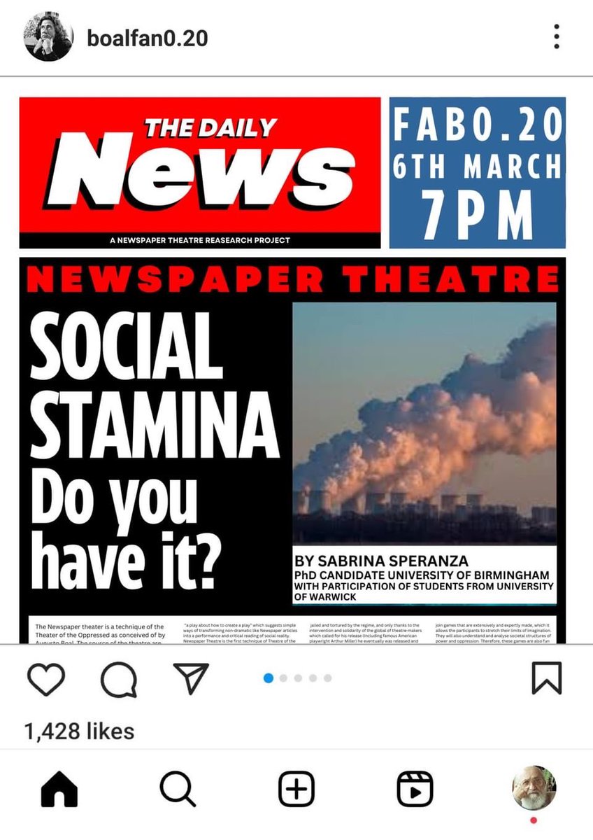 Newspaper Theatre is performing ‘SOCIAL STAMINA: Do you have it?’ as a result of recent workshops, led by Uruguayan theatre maker, and Theatre of the Oppressed specialist, Sabrina Speranza. (@speranzasabrin1) Go along on 6th March at 7pm in FAB0.20 to see this exciting project.