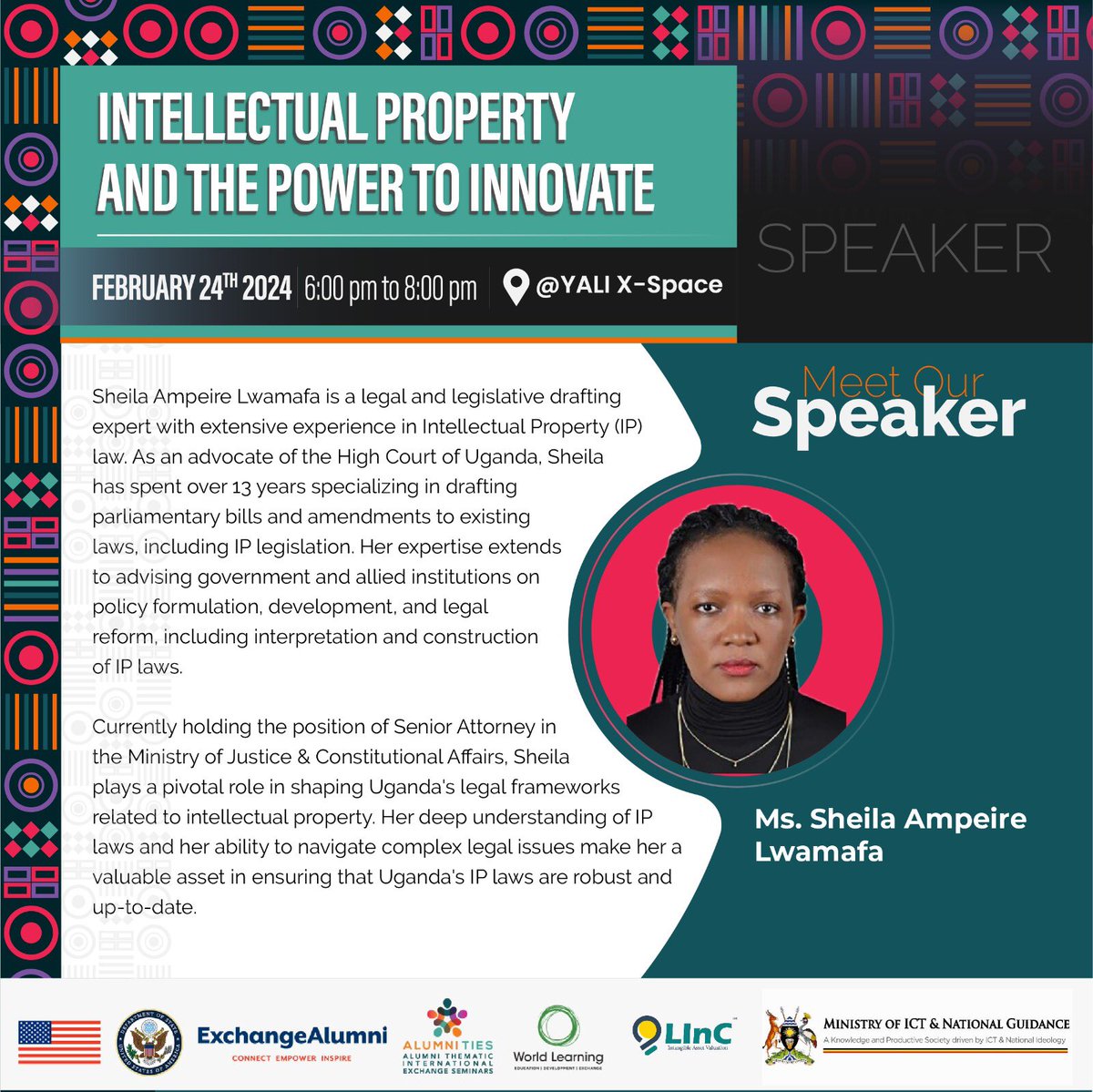 YALIRLCAlumniUg's tweet photo. #YALIDeepDive 
 🎙️ Hear insights from illustrious speakers:
@lashiekish a resilient Advocate of the High Court of Uganda.
@bonyta7 an International Patent Holder &amp; Health Tech Innovator.
@DaphneUwimana the adept Lawyer in Telecom, Media &amp; Intellectual Property.

#TechInnovation https://t.co/3oEnMdomqh
