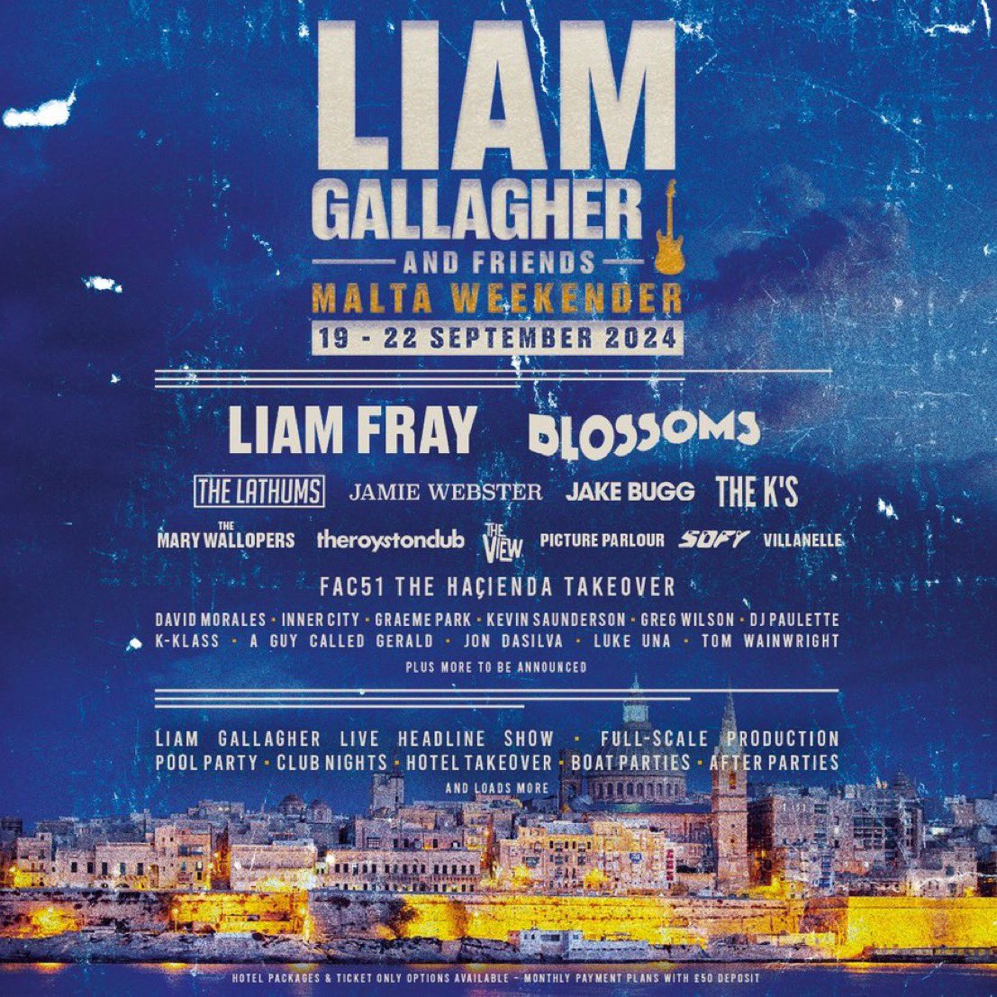 We’re delighted to announce we’ll be playing @LiamGallagher’s Malta Weekender 19th – 22nd September 2024! For early ticket access sign up now at lgmaltaweekender.co.uk