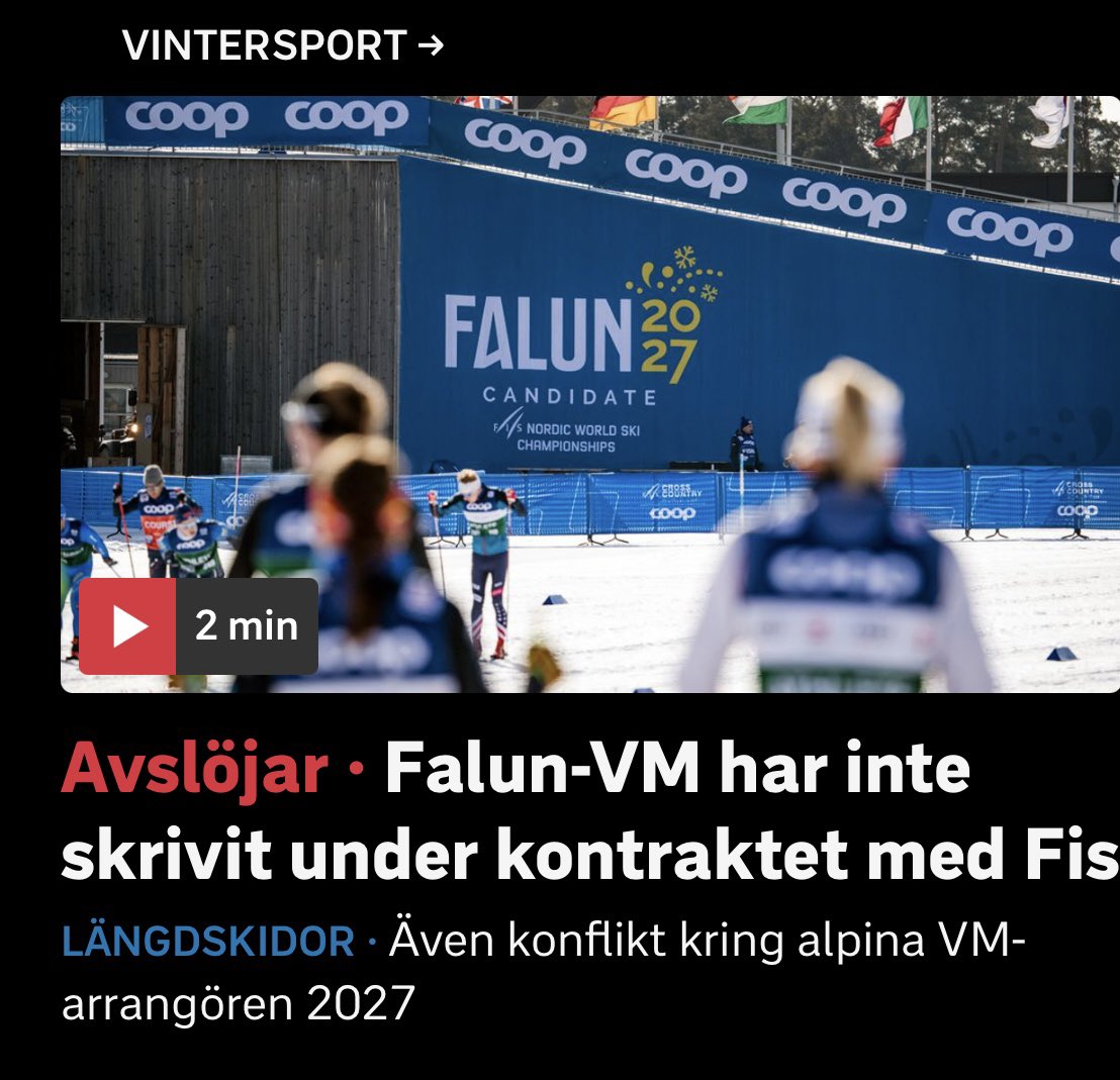 Ännu en nyhet om röran i den internationella skidvärlden: Det har gått två år sedan Falun tilldelades skid-VM 2027. Men de har fortfarande inte skrivit på arrangörsavtalet med FIS. svt.se/sport/langdski…