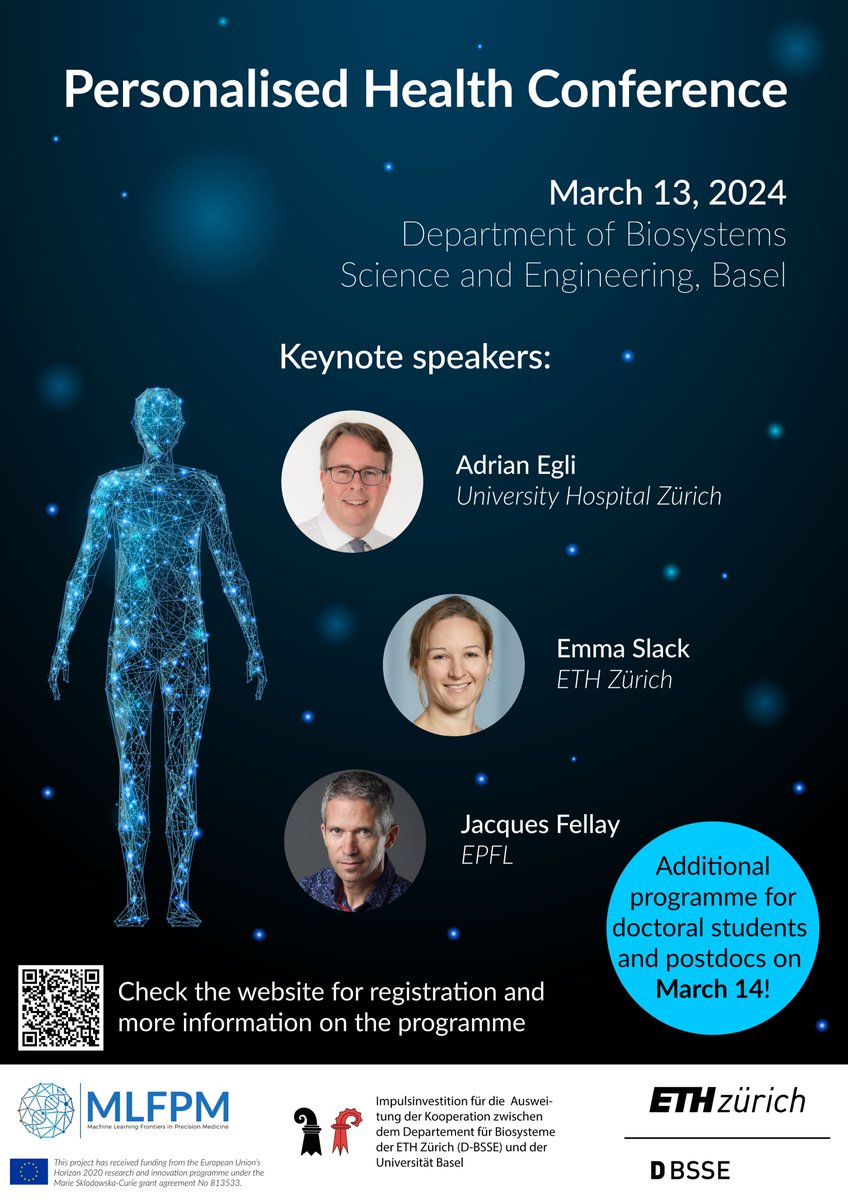 Register now for our 'Personalised Health Conference' on March 13 and 14 at <a href="/ETH_BSSE/">D-BSSE, ETH Zurich</a> 

Keynote speakers are Adrian Egli (<a href="/AppliedMicrobi2/">AppliedMicrobiologyResearch</a>), <a href="/Slack1Emma/">Emma Slack #IStandWithUkraine</a> and <a href="/jacquesfellay/">Jacques Fellay</a> 

bsse.ethz.ch/news-and-event…