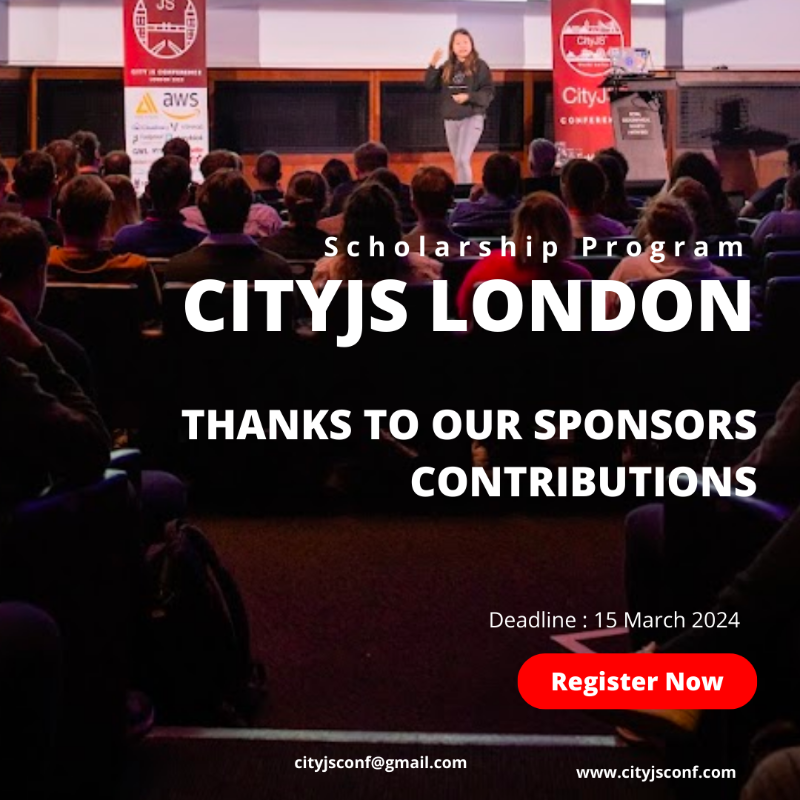 cityjsconf's tweet photo. We are launching our Scholarship application for applicants with diverse identities and backgrounds  and anyone who is currently unemployed and cant afford it.

Deadline 15 March 2024

Many thanks to our sponsors for making this possible!
