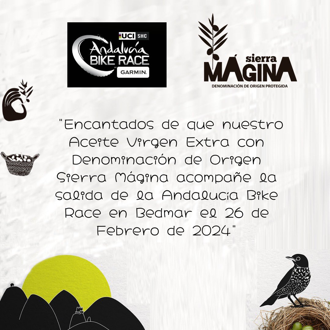 El próximo lunes comienza la <a href="/AndBikeRace/">Andalucía Bike Race by Garmin</a> 🚴‍♀️ con una etapa íntegra en Sierra Mágina desde Bedmar, una estupenda oportunidad de promoción para nuestra comarca.
6️⃣0️⃣ km y 2237 metros desnivel 🏔️
Y colaboraremos con el #aove para los participantes <a href="/AytodeBedmar/">AytodeBedmar</a> <a href="/MagnasurAOVE/">Magnasur</a>