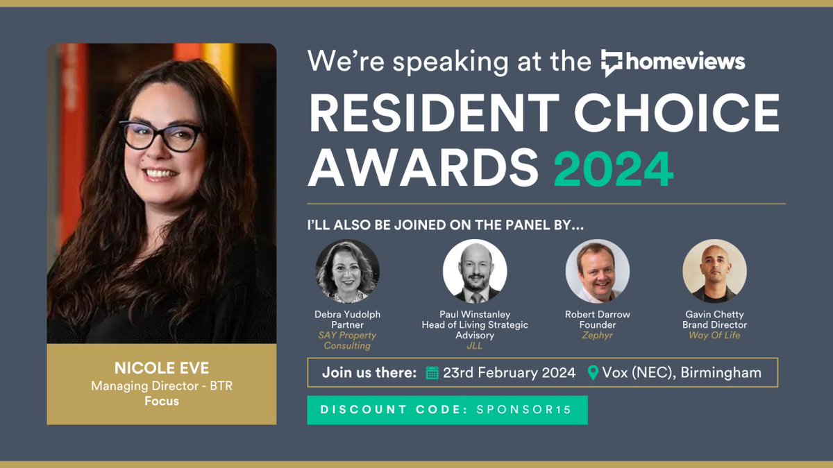 FocusAgencyUK's tweet photo. Today our very own Nicole Eve will be taking to the stage at the @Homeviews_com Resident Choice Awards 2024 for a panel talk on 'Brand Identity to Lived Experience: The Ideal BTR Resident Journey'.

#BuildtoRent #BTRawards #HomeViewAwards https://t.co/JePiBqkBXm