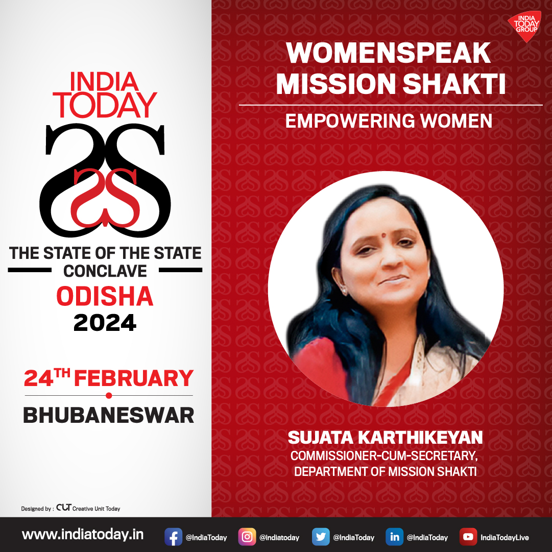 IndiaToday's tweet image. 'Mission Shakti': Watch Sujata Karthikeyan, Commissioner-cum-Secretary, Department of Mission Shakti, Govt of Odisha, speak at #StateOfState #Odisha.

24th February, Bhubaneswar.

Watch live on- indiatodayne.in
#Promo