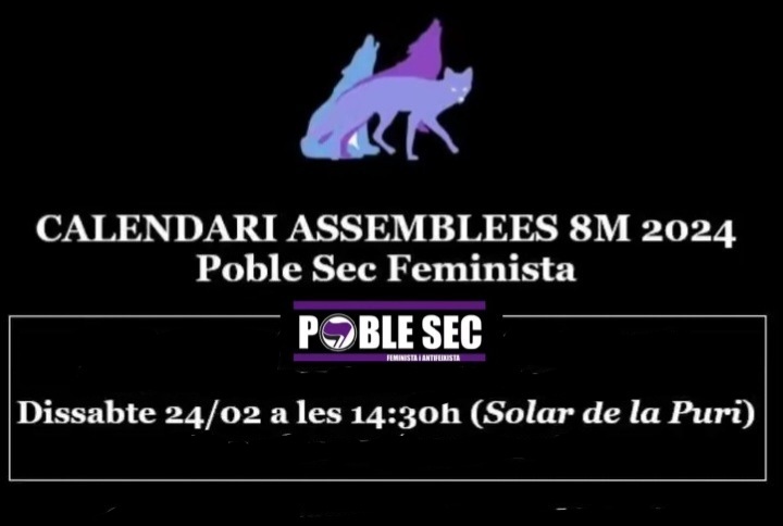 ‼️ Aquest dissabte 24 de febrer a les 14h, propera reunió de <a href="/BarriFeminista/">PobleSec Feminista</a> a <a href="/visca_la_puri/">Visca la Puri</a> (Puríssima Concepció, 22).

Oberta a col·lectius del barri i dones, bolleres i trans individualment.

Per un #PobleSecFeminista i combatiu, preparem juntis el #8MPobleSec ✊🏽❤️‍🔥