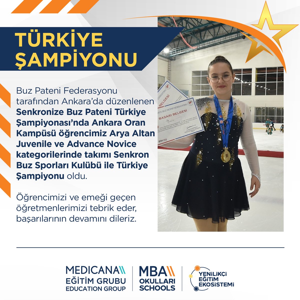 mbaokullari's tweet photo. Buz Pateni Federasyonu tarafından Ankara’da düzenlenen Senkronize Buz Pateni Türkiye Şampiyonası’nda Ankara Oran Kampüsü öğrencimiz Arya Altan Juvenile ve Advance Novice kategorilerinde takımı Senkron Buz Sporları Kulübü ile Türkiye Şampiyonu oldu. https://t.co/zdxIrcFPUo