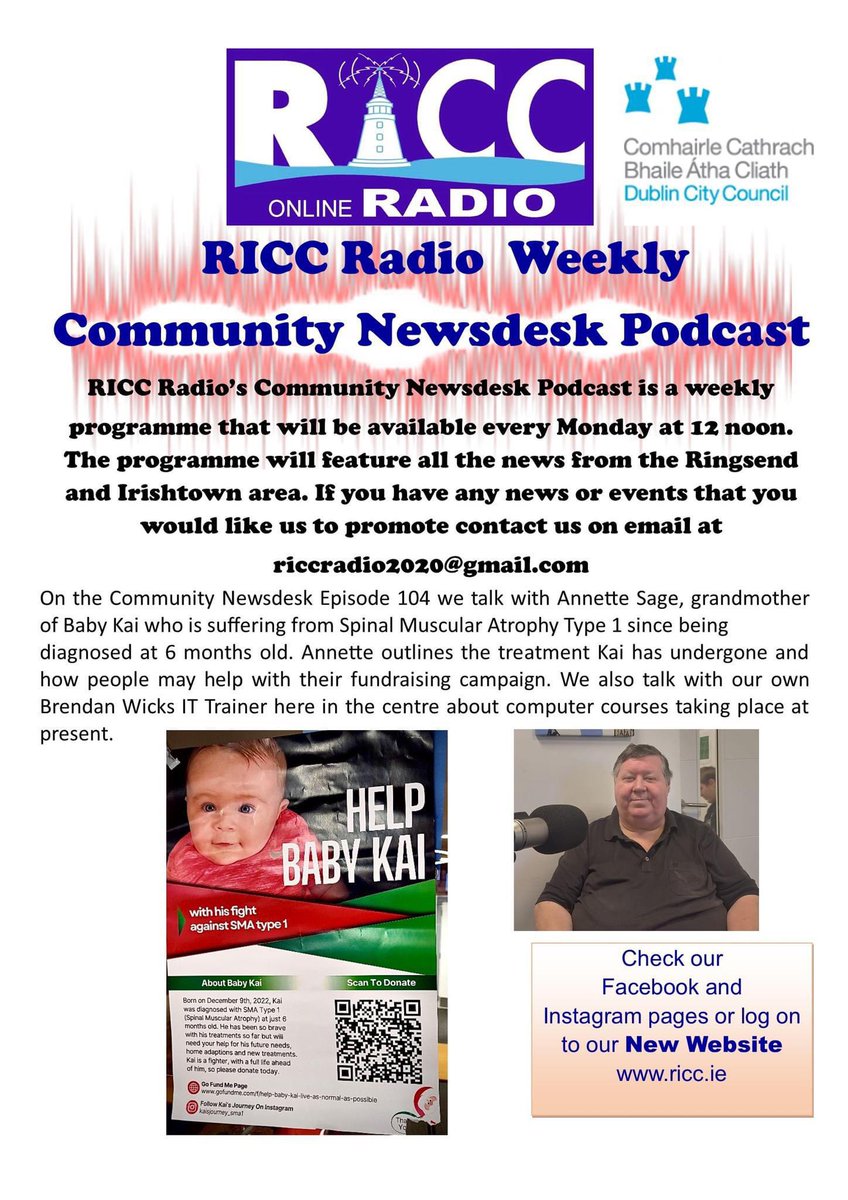 Log on Monday! #babykai #fundraiser #muscularatrophy #computerclasses #IT #ricc #riccradio #podcast #bestcommunity #ringsend #irishtown