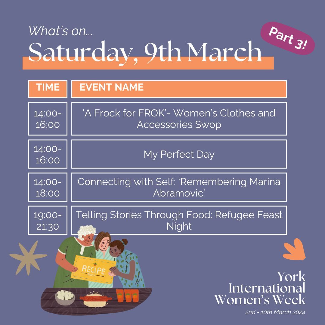 🧣  What's on? 👗 Saturday 9th March - Part 3!

Our busiest day closes with a bang! Swap clothes, get involved in theatre, and share stories over delicious food 🍲 

Find out more about all the events on our website: yorkwomen.org.uk

#York #YIWW #InternationalWomensWeek