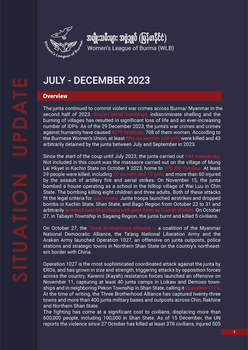 July - December 2023 Situation Update of Burma/Myanmar Full PDF: womenofburma.org/reports/july-d…