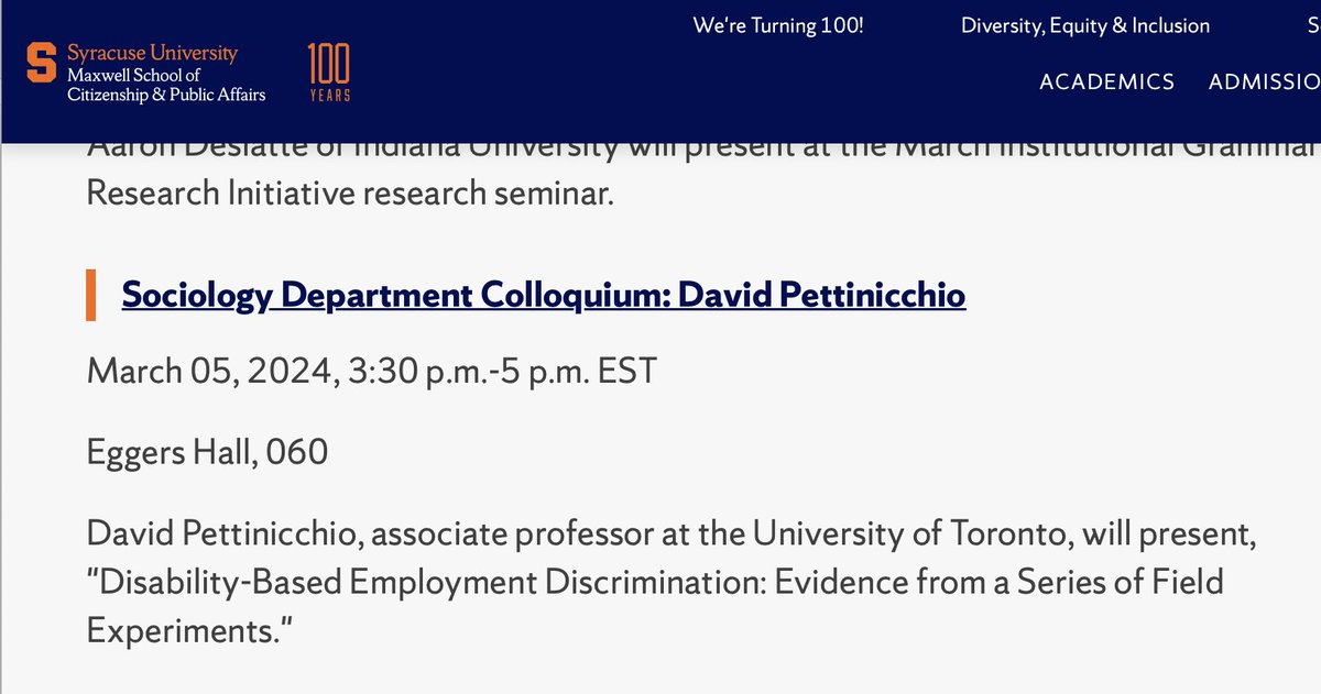 Looking forward to sharing our findings from our disability employment audit study @MarotoMichelle at @SyracuseU @MaxwellSU @UofTArtSci @UofT @DeansOffice_UTM @munkschool @UofT_Sociology 'Disability-Based Employment Discrimination: Evidence from a Series of Field Experiments'