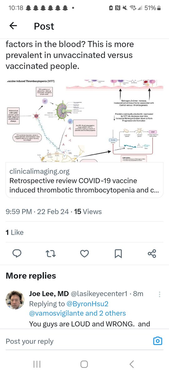 Joe Lee the ophthalmologist blocked me and never provided me with links to scientific studies. He ignores that COVID-19 infection risks blood clots, more prevalent in unvaccinated vs. vaccinated people.