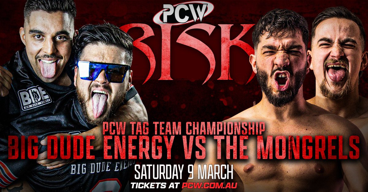 After becoming number 1 contenders last week at Ignition, The Mongrels will receive their championship match at Risk when they challenge Big Dude Energy!

Tickets available at PCW.com.au