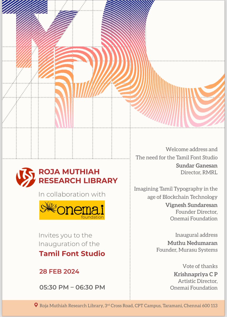Roja Muthiah Research Library (#rmrlchennai) and @onemai_fdn are inaugurating the RMRL TAMIL FONT STUDIO on 28th Feb 2024 for Tamil type design, calligraphy, and typography. Tamil Font Studio will focus on developing fonts/ typefaces scientifically and setting gold standards in