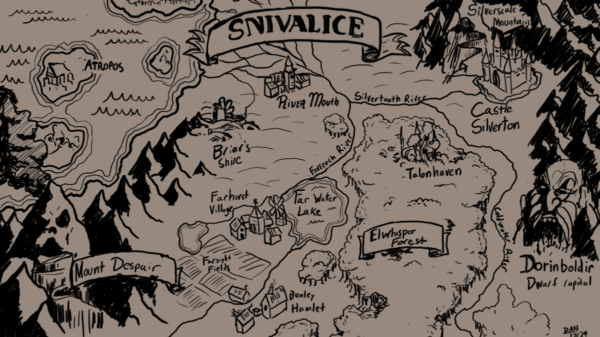 Kobold_Tactics's tweet image. Here is the first pass at the map of Snivalice, the fantasy region that Kobold Tactics takes place on!  Names are probably not final.