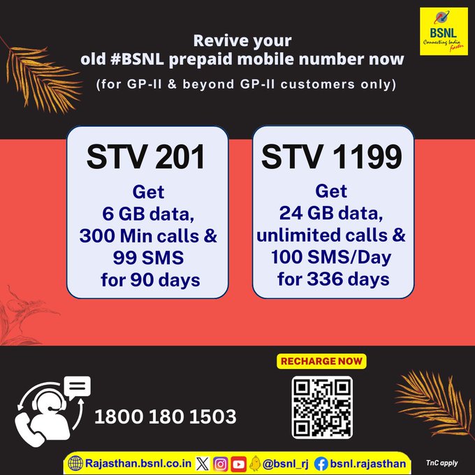 BSNL_RJ's tweet photo. Forgot to recharge ? Don't worry !
Revive your old #BSNL prepaid mobile number now with #STV201 #STV1199 ...
To recharge download the BSNL Selfcare app now. Google Play: https://t.co/D6GphGer85
AppStore: https://t.co/zhMqlm5v2C
#BSNLRJ_Mobile #BSNLRecharge https://t.co/xalo3mEIzI