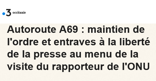 L'intérêt médiatique pour l'A69 est passé. Manifestement, les entraves au travail des journalistes portent leurs fruits. Même la visite du rapporteur de l'ONU <a href="/ForstMichel/">Michel Forst</a> sur une zone occupée par des écologistes n'a pu être couverte. Cc <a href="/SNJ_national/">SNJ - premier syndicat de journalistes</a>, <a href="/PHBrandet/">Pierre-Henry Brandet</a>