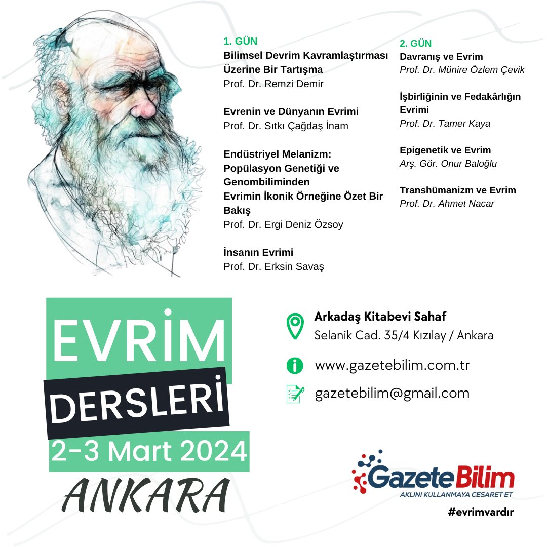 Evrim ve bilim düşmanlığına karşı Evrim Dersleri 2-3 Mart'ta Ankara’da! Evrimin ve bilimin ışığını ülkemizin her yanına taşıyacağız. #EvrimVardır Etkinliğe kaydolmak için: gazetebilim.com.tr/evrim-dersleri…