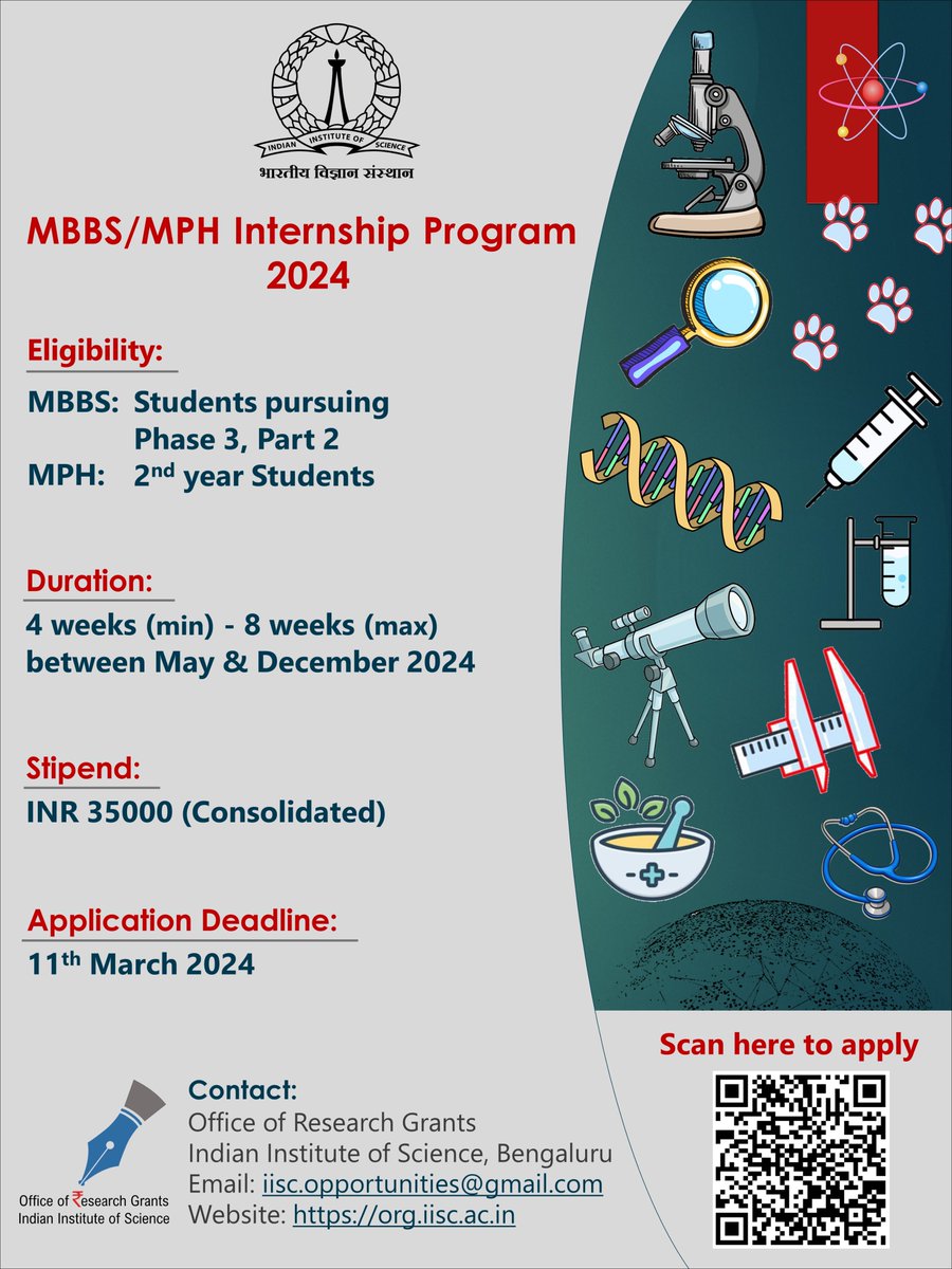 IISc (@iiscbangalore) is hosting a MBBS/MPH Research Internship Program to boost research exposure and nurture future physician scientists in India. Apply by 11th March 2024 for this incredible opportunity! Check the poster for more details. #Internship