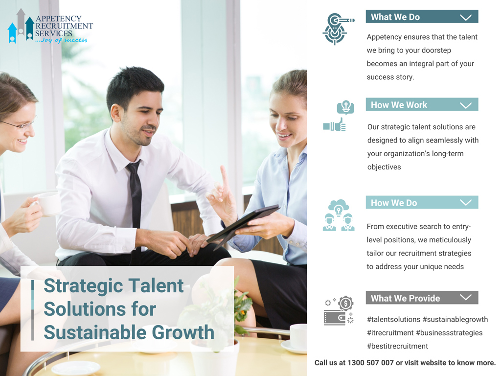 Strategic Talent Solutions for Sustainable Growth : Appetency Recruitment Services | JoyofSuccess🏆🎯

Grow your business trajectory by choosing a recruitment partner that prioritizes your growth agenda. ⚡⚡
#talentsolutions #sustainablegrowth #itrecruitment #businessstrategies
