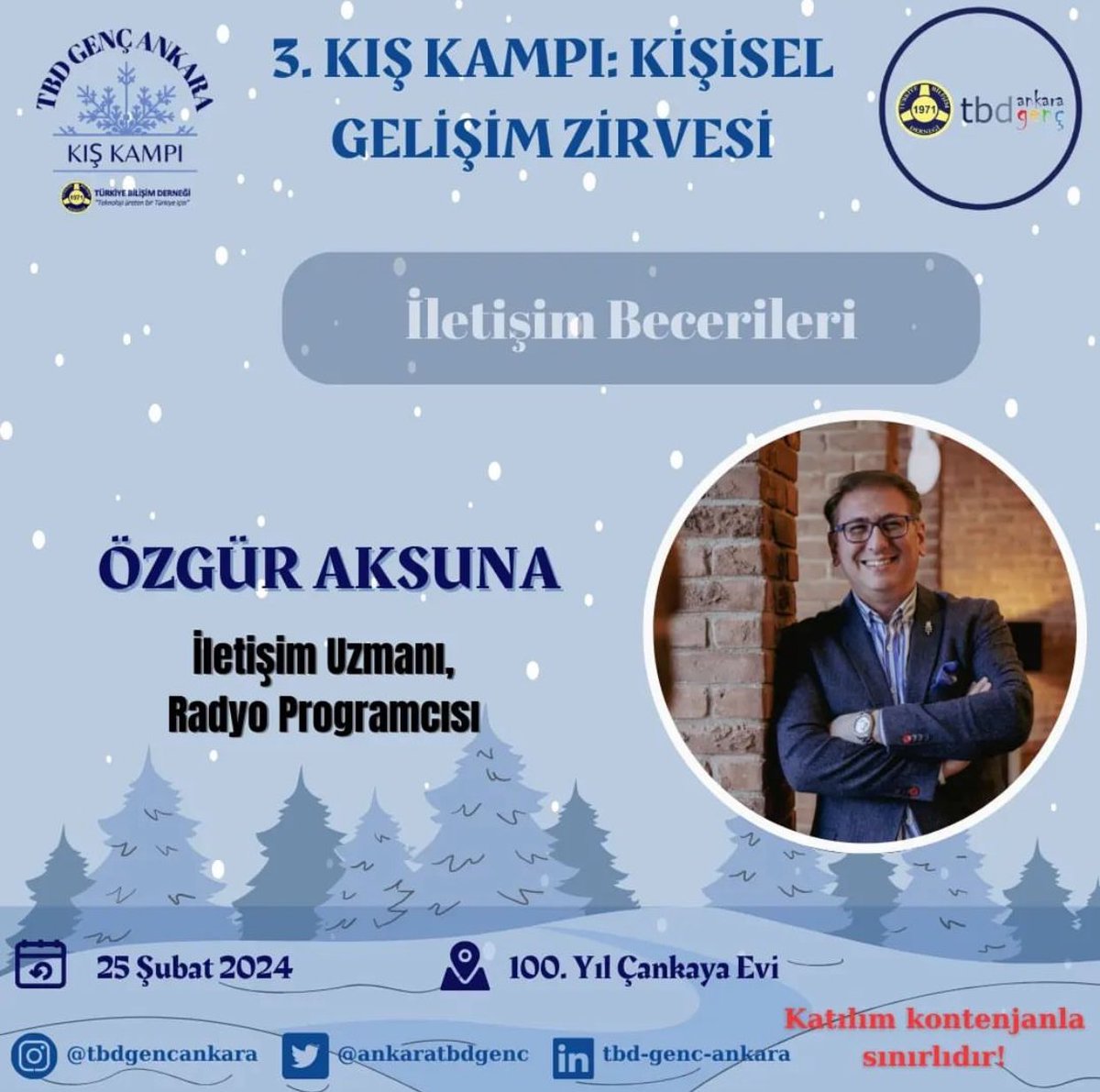 TBD ailesi ile 25 Şubat Pazar 11:00’de 100. Yıl Çankaya Evi’nde “İletişim Becerileri” semineri ile buluşuyoruz. #özgüraksuna #iletişimherşeydir #tbd #seminer #iletişim #gelişimvedeğişimakademisi #ankara