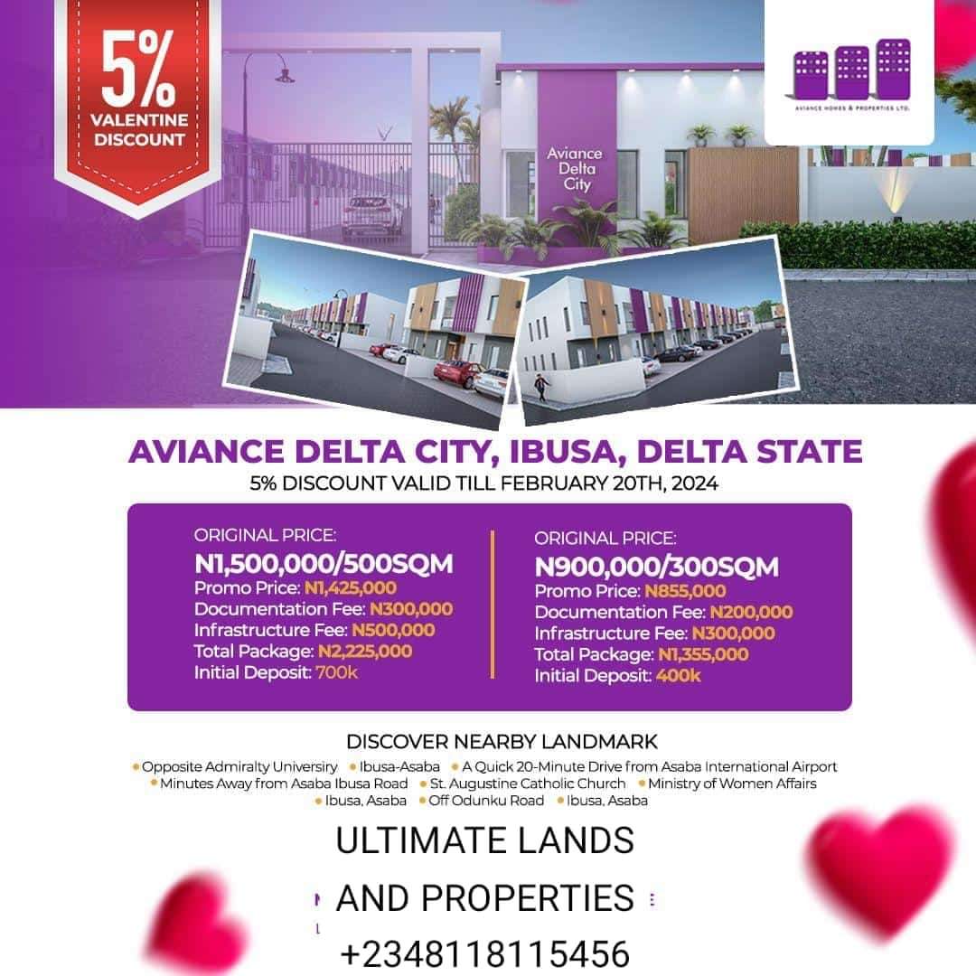BlessedRiiri's tweet image. #SeyiTinubu 
#TokenCentricArchitecture 
Thank You God
#Ultimatelandsandproperties

Aviance Delta City,Ibusa,Delta State:

✨ Original Price: N1,500,000/500SQM
💖 Promo Price: N1,425,000
📜 Documentation Fee: N300,000
🛠 Infrastructural Fee: N500,000
🌟 Total Package: N2,225,000