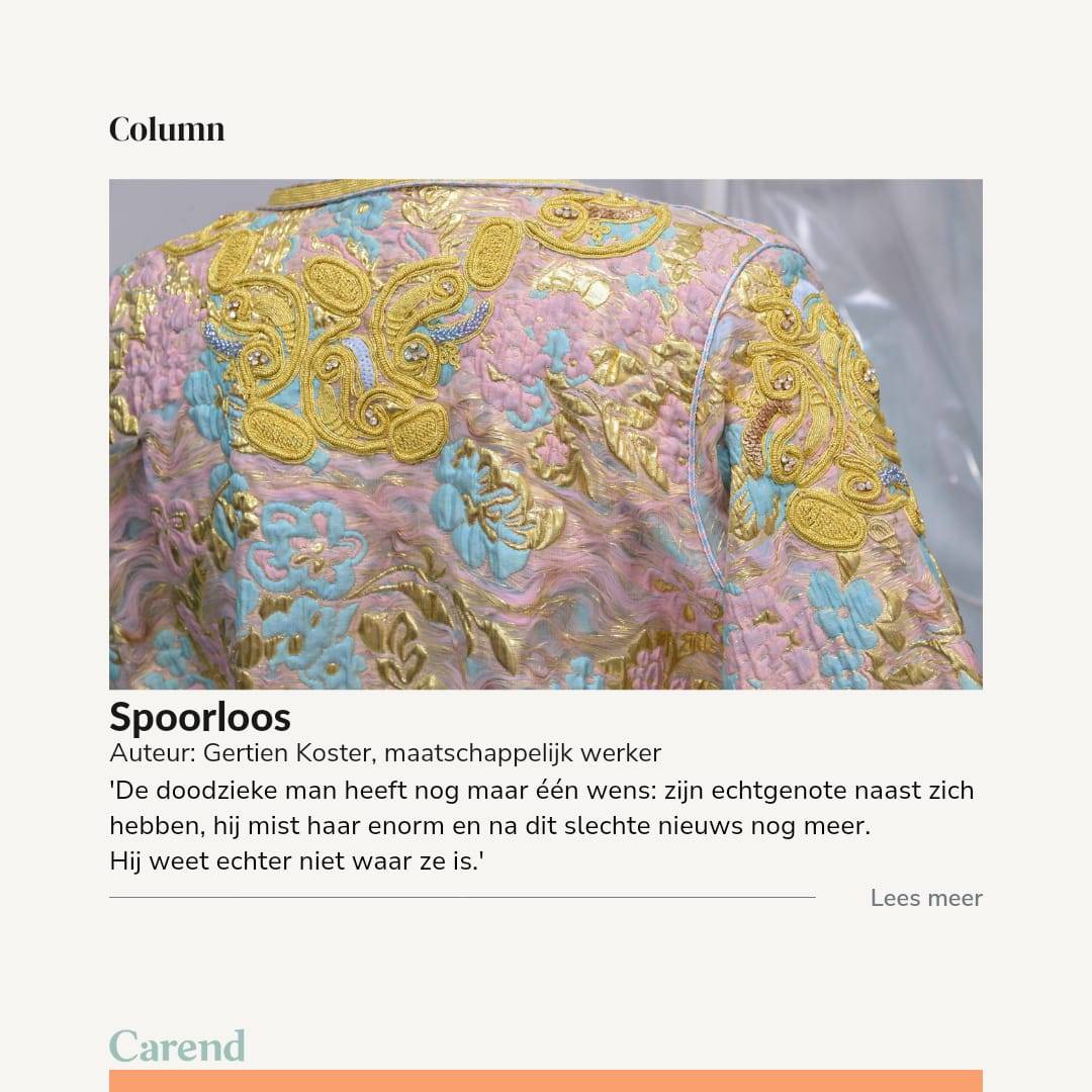 'De levensverwachting van meneer is kort, weken, misschien een paar maanden. Tragisch nieuws en dan ook nog in een taal die hij niet goed beheerst en in een land dat hij nauwelijks kent.'

Column 'Spoorloos' van Gertien Koster: carend.nl/column/spoorlo…

#palliatievezorg  #liefde