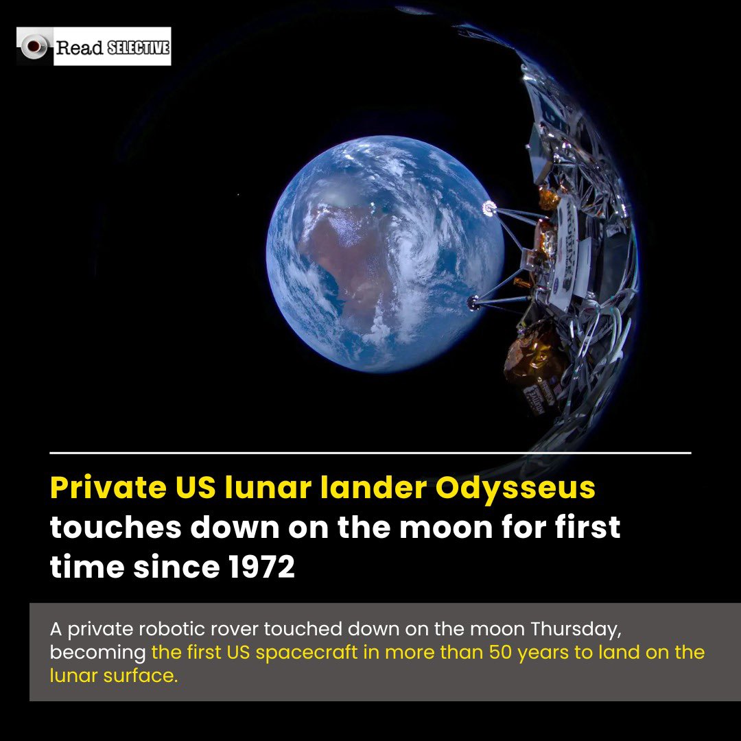 Read_Selective_'s tweet image. Private US lunar lander Odysseus touches down on the moon for first time since 1972

#news #newsupdate #flashupdate #global #readselective #topnews #breakingnews #trending