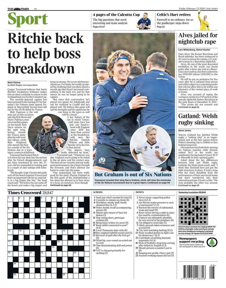 Back page @timesscotland print edition features Jamie Ritchie, Darcy Graham and Gregor Townsend. A welter of Calcutta Cup material from all angles @TimesSport with plenty more to come over the weekend