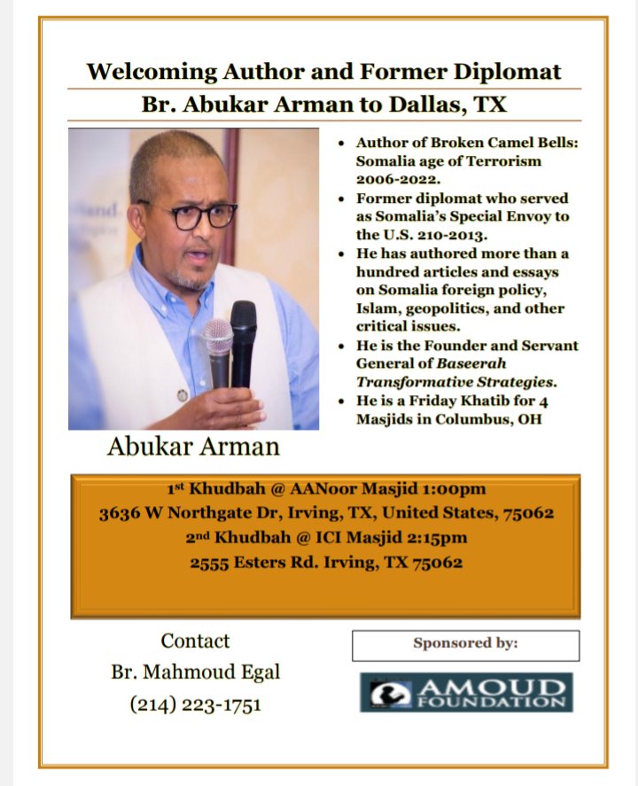 Abukar_Arman's tweet photo. Wishing you a blessed Friday. If you are in Irving, Texas area I would love to see you in one of the khutbas listed below.
#FridaySpiritualReflection https://t.co/tI1tECfB0I
