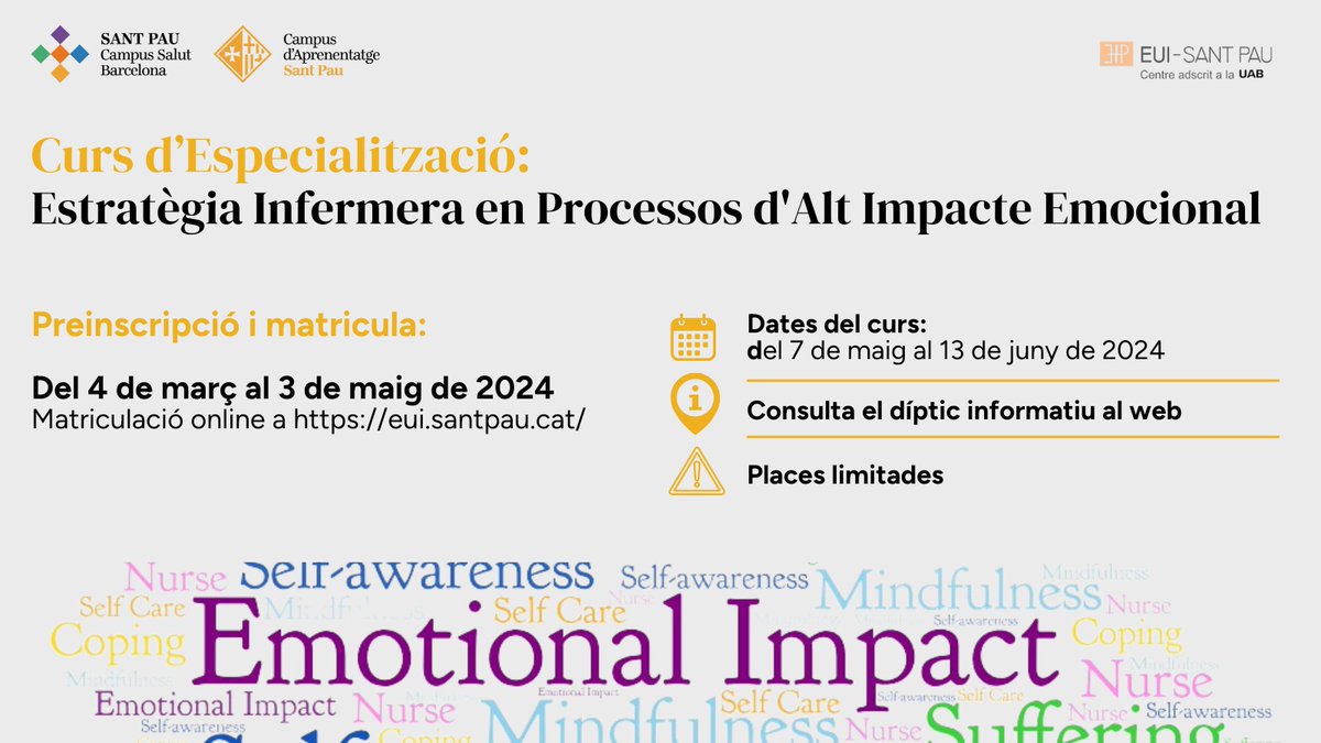 Des del 4 de març i fins al 3 de maig, comença l'automatricula del Curs d'Especialització en Estratègia Infermera en Processos d'Alt Impacte Emocional

📄 3 ECTS
⚠️ Places limitades
ℹ️ Més informació a eui.santpau.cat

#estrategiaemocional #cursespecialització