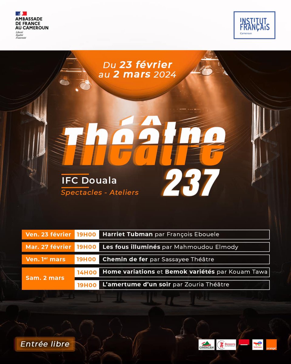 IFCameroun's tweet photo. #IFCDOUALAVous 
voulez passer un agréable moment ?  Ne manquez pas l’ouverture du #festivalThéâtre237 ce soir avec la magnifique pièce HARRIET TUBMAN - PASSEUSE DE L'OMBRE de la compagnie L'Archer. À vos marques, prêts, REGARDEZ !  🎭VENDREDI 23 FÉVRIER 2024 – 19H Entrée libre https://t.co/tyJMUFrFqF