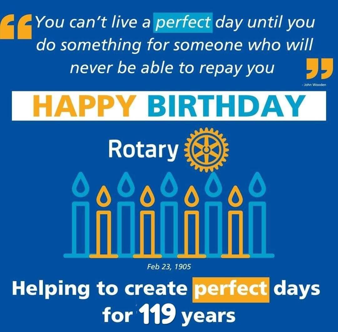 Happy Anniversary, Rotary! 119 years ago of connecting people of action. Today, we are a global network that sees a world where people unite and take action to create lasting change. From literacy & peace to water, environment, and health, working to better our world.