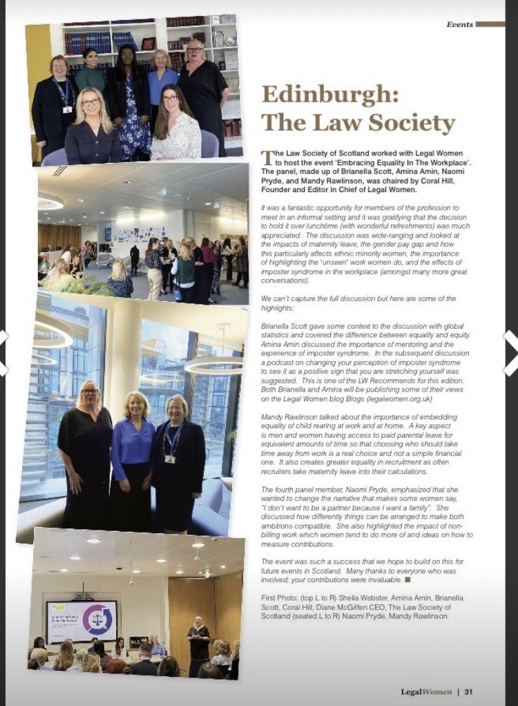 Remember this? Last year, Legal Women UK met in Edinburgh with a fantastic panel to discuss Embracing Equality in the Workplace. Save the date for this year’s event on 20th March 2024 with Lady Justice Dorrian. For more details subscribe for free here (legalwomen.org.uk)