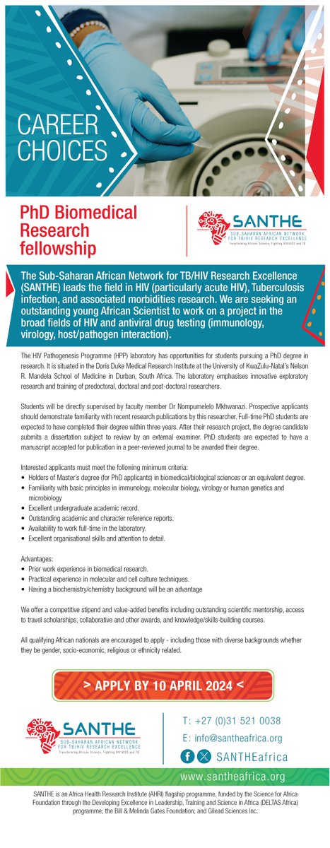 #SANTHE PHD FELLOWSHIP AVAILABLE IN #HIV & ANTIVIRAL DRUG TESTING PROJECT DURBAN, RSA APPLY BY 10 APRIL 2024 HERE: cognitoforms.com/AHRI1/FellowRe… @GileadSciences @AHRI_News @AidsHarvard @KEMRI_Wellcome @EmoryRZHRG @HPP_Research @UKZNCHS #EmpoweringAfricanScience