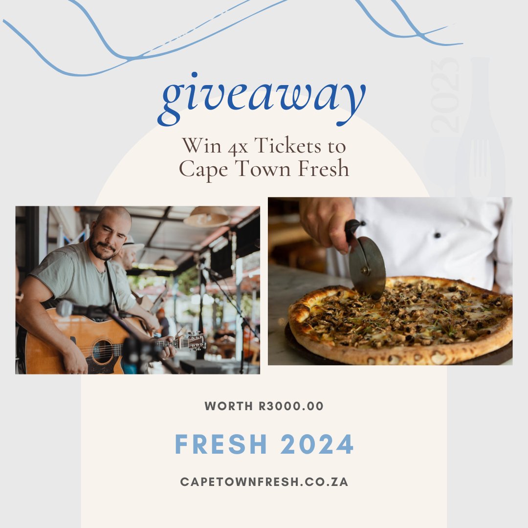 GIVEAWAY: Win 4x Tickets to #Fresh2024

Your ticket is all-inclusive - incl. a wine-tasting glass, a selection of wine producers, fresh small plates prepared by top local chefs and live music by Justin Serrao and his band.

Visit our IG to enter: instagram.com/capetownfresh