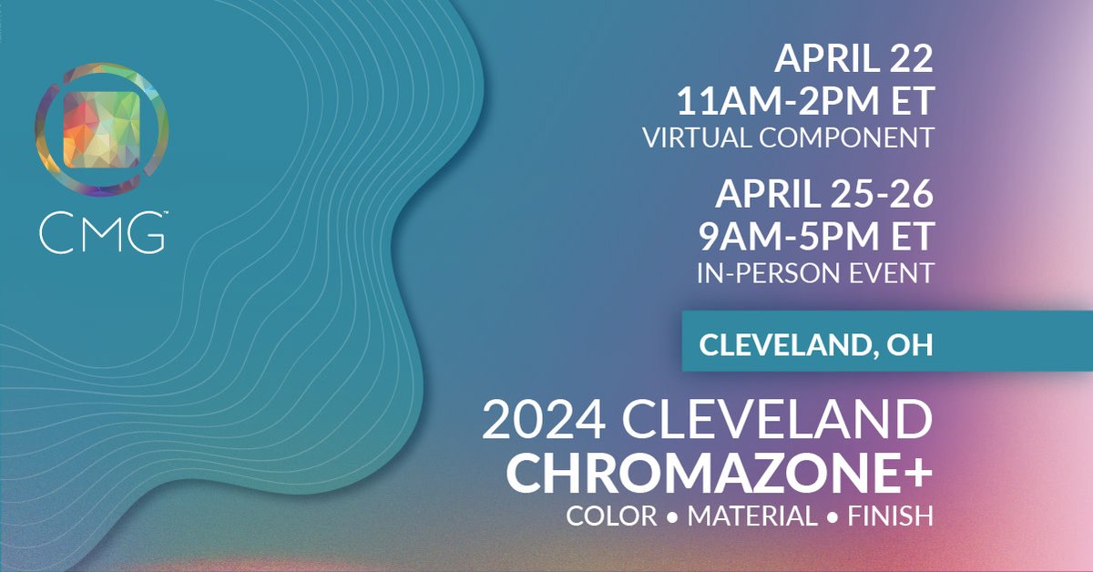 SimpleModernStl's tweet photo. Designers and marketers, are you ready to take your knowledge to the next level? Register for CMG's trend and educational event today! #design #color #trend
Cleveland ChromaZone+® CMF Forecasting Event - Color Marketing Group® https://t.co/1oNsmYiT8s https://t.co/57awvuIx8g